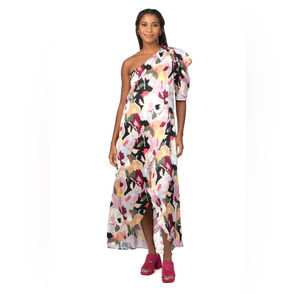 CROSBY by Mollie Burch Pink and Yellow Asymmetrical Ruffled Sundress